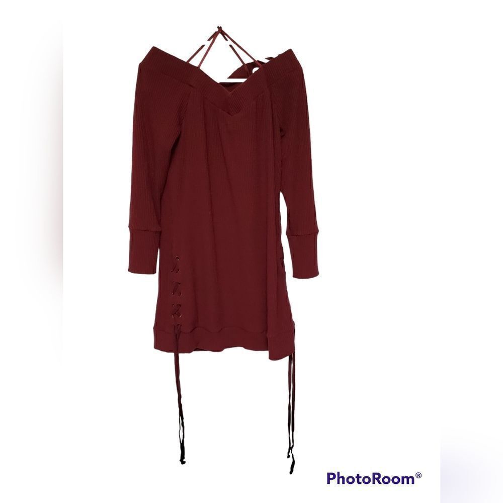 Doe & Rae Off Shoulder Ribbed Ruched Tunic Dress Large Wine